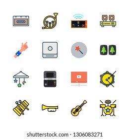 play icon set. vector set about virtual reality, trumpet, video console and remote control icons set.