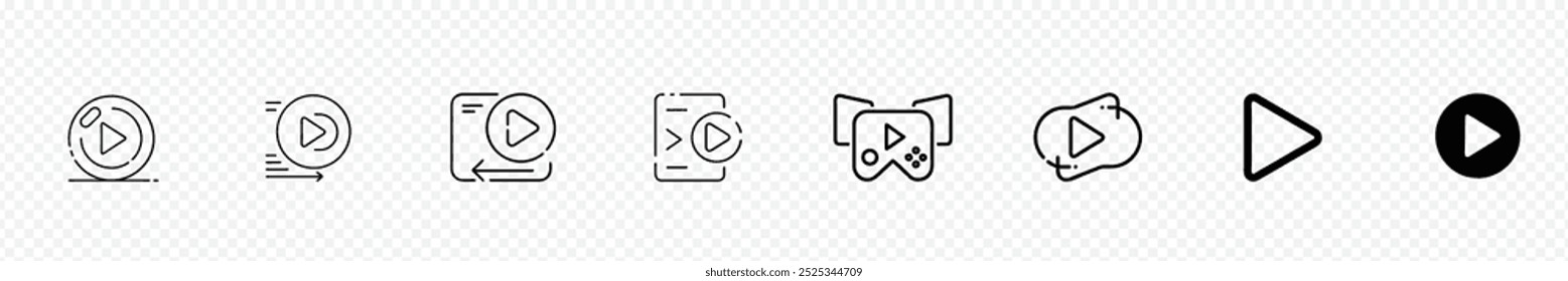 Spielen Symbol setzen Vektorgrafik. Schaltfläche, Vektorsymbol abspielen, Symbol für Schaltfläche abspielen. Schwarzes Play-Symbol auf weißem Hintergrund. Videosymbole eingestellt. Video-Player-Zeichen. 