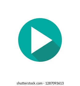Play icon with shadow in blue circle.  Film or Media icon flat.  button. Green pictogram isolated on white background. Vector illustration. 