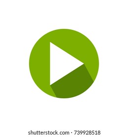 Play icon with shadow in green circle.  Film or Media icon flat.  button. Green pictogram isolated on white background. Vector illustration. 