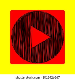Play icon. Vector. Black scribble icon in red container with rounded corners at yellow background. Isolated.