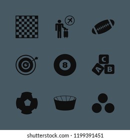 play icon. play vector icons set chess board, tourist flying, target and abc cubes