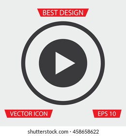 Play Icon - Vector illustration of play music sign in circle on gray background. Play Button. Media Button. Flat Icon. 
