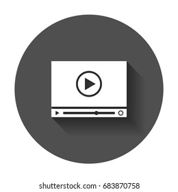 Play icon vector. Play video illustration in flat style on black round background with long shadow.