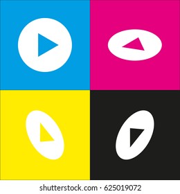 Play icon. Vector. White icon with isometric projections on cyan, magenta, yellow and black backgrounds.