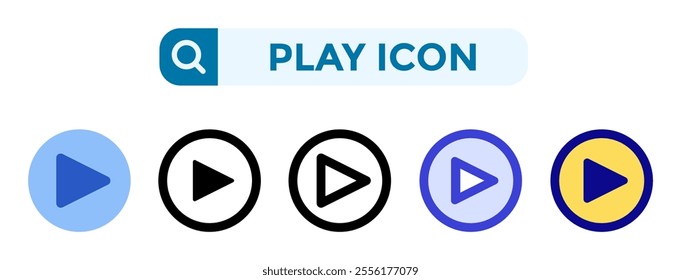 Play icons in 5 different vector illustration styles. Settings icons in flat, solid, line, blue and color styles. Vector illustrations can be used for web, mobile, ui