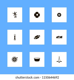 play icons. gymnastic hula hoop, rugby ball, hockey and target vector icons set