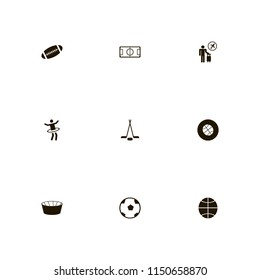 play icons. gymnastic hula hoop, hockey, tourist flying and football stadium vector icons set