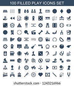 play icons. Set of 100 filled play icons included tonometer, mp player, musical pipe, Hearts, Casino chip, bowling on white background. Editable play icons for web, mobile and infographics.