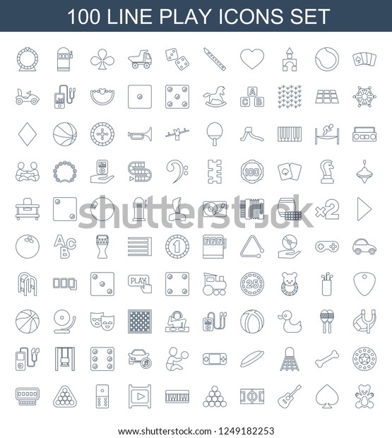 play icons. Set of 100 line play icons\
included teddy bear, Spades, guitar, football pitch, biliard\
triangle on white background. Editable play icons for web, mobile\
and infographics.
