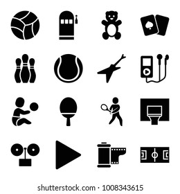 Play icons. set of 16 editable filled play icons such as teddy bear, gramophone, football pitch, mp3 player, play, camera tape, tennis playing, basketball basket, bowling