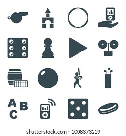 Play icons. set of 16 editable filled play icons such as dice, abc, gramophone, hockey puck, bowling ball, hoop, play, mp3 player on hand, baseball player, whistle, chess pawn