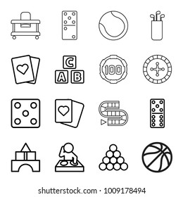Play icons. set of 16 editable outline play icons such as abc cube, toy tower, dice, domino, spades, playing card, biliard triangle, dj, baby walker, roulette, 100 casino chip