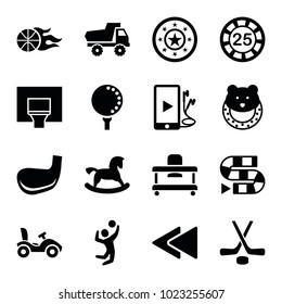 Play icons. set of 16 editable filled play icons such as horse toy, toy car, baby toy, 25 casino chip, dice game, play back, phone and earphones, volleyball player, basketball