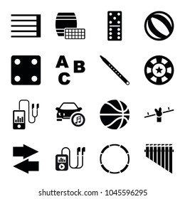 Play icons. set of 16 editable filled play icons such as dice, domino, abc, beach ball, musical pipe, swing, basketball, hoop, lotto, casino chip, arrow, mp3 player
