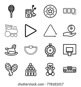 Play icons. set of 16 editable outline play icons such as teddy bear, horse toy, casino chip, roulette, bowling, play, record player, triangle musical instrument, mp3 player