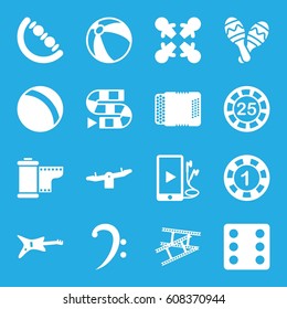 Play icons set. set of 16 play filled icons such as ball, beach ball, baby toy, swing, 1 casino chip, 25 casino chip, Dice, bass clef, harmonic, phone and earphones, maraca