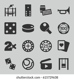 Play icons set. set of 16 play filled icons such as Roulette, 25 casino chip, 100 casino chip, Dice, Casino bet, Spades, trampoline, hockey puck, table tennis, play, domino