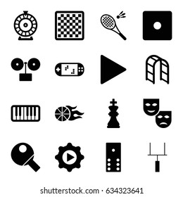 Play icons set. set of 16 play filled icons such as dice, roulette, playground ladder, piano, basketball, goal post, chess king, table tennis, badminton, portable game console