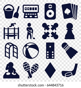 Play icons set. set of 16 play filled icons such as beach ball, pllaying card, diamonds, slot machine, playground ladder, maraca, trampoline, speaker, golf player