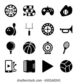 Play Icons Set. Set Of 16 Play Filled Icons Such As Roulette, 25 Casino Chip, Play, Harmonic, Phone And Earphones, Goal Post, Tennis Rocket, Golf Ball, Baseball Glove, Bowling