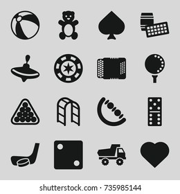 Play icons set. set of 16 play filled icons such as teddy bear, beach ball, whirligig, toy car, baby toy, spades, hearts, dice, domino, billiards, playground ladder, harmonic