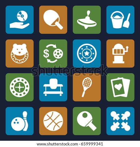 Play icons set. set of 16 play filled icons such as whirligig, baby toy, baby walker, roulette, casino chip and money, casino chip, slot machine, cd on hand, tennis rocket