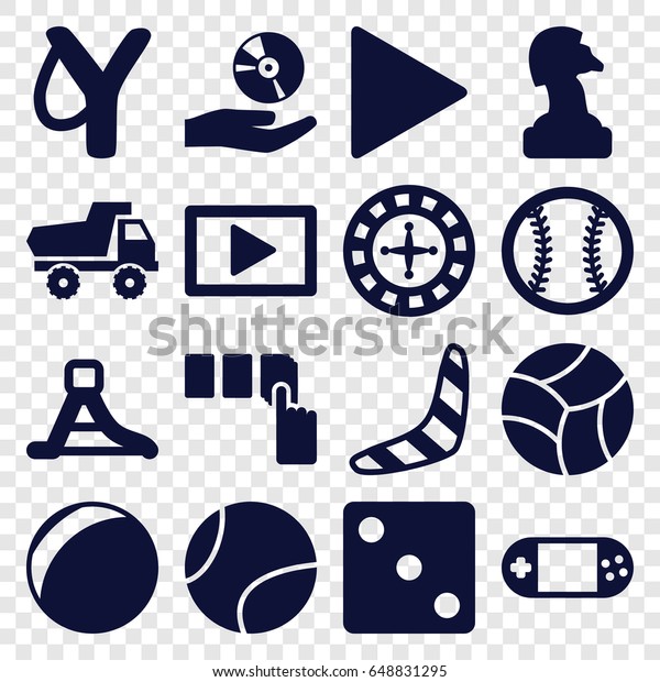 Play icons set. set of\
16 play filled icons such as toy car, boomerang, roulette, dice,\
push button, portable console, play, cd on hand, waterslide,\
baseball, tennis ball