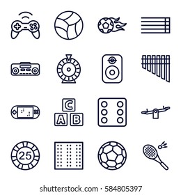 play icons set. Set of 16 play outline icons such as field, ABC cube, swing, 25 casino chip, Dice, Roulette, guitar strings, record player, harmonica, speaker, beach ball