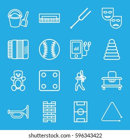 play icons set. Set of 16 play outline icons such as teddy bear, pyramid, baby walker, Dice, mp3 player, tonometer, harmonic, triangle musical instrument, bucket and shovel