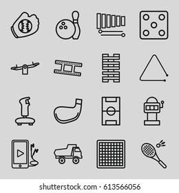 Play icons set. set of 16 play outline icons such as toy car, swing, Dice, xylophone, triangle musical instrument, phone and earphones, camera tape, badminton, football pitch