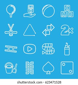 Play icons set. set of 16 play outline icons such as ABC cube, Spades, Dice, Casino bet, triangle musical instrument, mp3 player on hand, camera tape, bucket and shovel, play