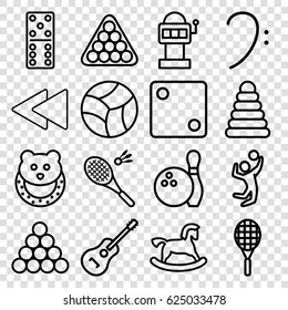 Play icons set. set of 16 play outline icons such as pyramid, horse toy, baby toy, Dice, domino, billiards, bass clef, play back, guitar, beach ball, badminton