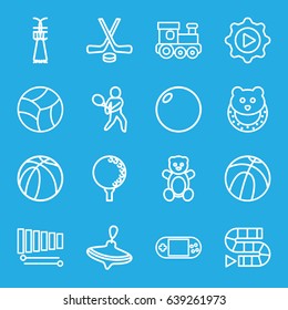 Play icons set. set of 16 play outline icons such as teddy bear, whirligig, train toy, baby toy, basketball, portable console, xylophone, play in gear, beach ball