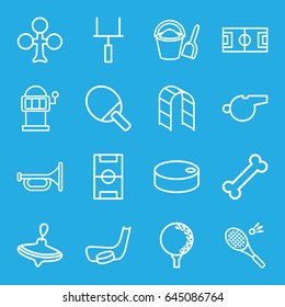 Play icons set. set of 16 play outline icons such as whirligig, clubs, slot machine, playground ladder, badminton, bucket and shovel, football pitch, goal post, golf ball