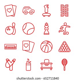 Play icons set. set of 16 play outline icons such as toy car, baby walker, billiards, spades, tennis rocket, football player, chess king, bowling, tennis ball, basketball