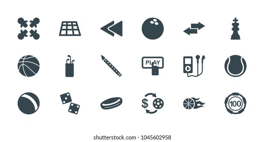 Play icons. set of 18 editable filled play icons: ball, finger pressing play button, casino chip and money, 100 casino chip, dice, dance floor, hockey puck, golf putter