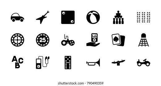 Play icons. set of 18 editable filled play icons: bike, joystick, swing, domino, bowling, mp3 player on hand, beach ball, field, toy car, roulette, 25 casino chip, dice