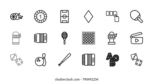 Play icons. set of 18 editable outline play icons: diamonds, 1 casino chip, push button, dice, slot machine, ping pong racket, harmonic, football pitch, basketball