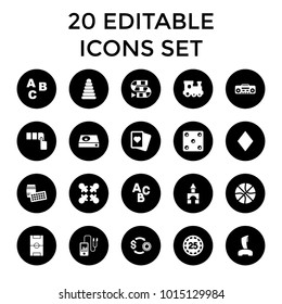 Play icons. set of 20 editable filled play icons such as pyramid, train toy, spades, push button, abc, dice game, lotto, roundelay. best quality play elements in trendy style.