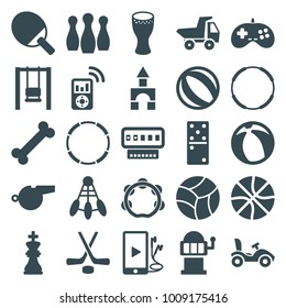 Play icons. set of 25 editable filled play icons such as slot machine, beach ball, swing, shuttlecock, ping pong racket, bone, hoop, phone and earphones, tambourine, drum