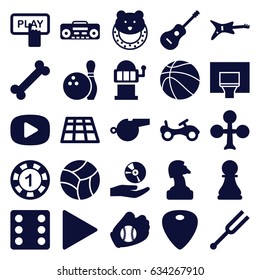 Play icons set. set of 25 play filled icons such as bike, baby toy, clubs, finger pressing play button, 1 casino chip, dice, slot machine, tonometer, guitar mediator, guitar