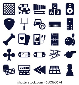 Play icons set. set of 25 play filled icons such as abc cube, clubs, spades, slot machine, portable console, mp3 player, play back, guitar mediator, xylophone, car music
