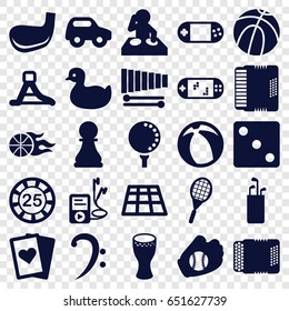 Play icons set. set of 25 play filled icons such as duck, toy car, 25 casino chip, dice, portable console, bass clef, xylophone, harmonic, mp3 player, drum, waterslide
