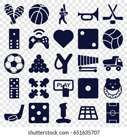 Play icons set. set of 25 play filled icons such as toy car, baby toy, hearts, finger pressing play button, dice, domino, xylophone, maraca, baseball player, football pitch