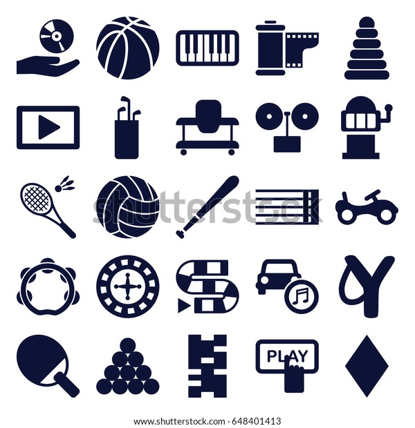 Play icons set. set\
of 25 play filled icons such as pyramid, bike, baby walker,\
diamonds, roulette, slot machine, basketball, guitar strings,\
piano, car music, cd on\
hand
