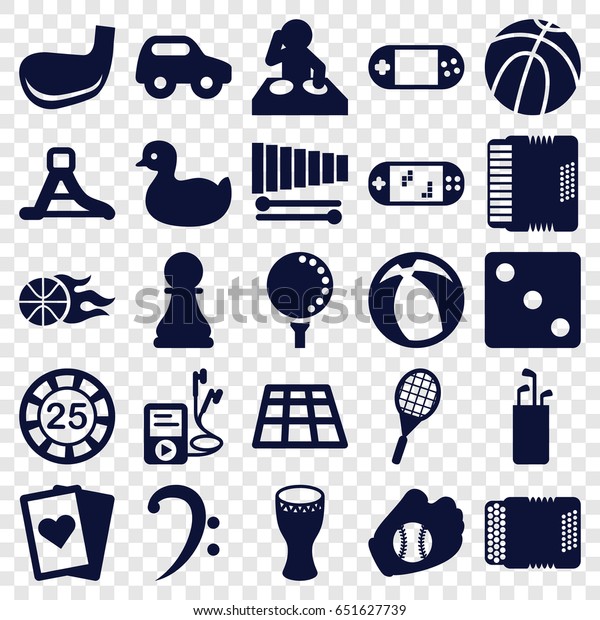Play icons set.\
set of 25 play filled icons such as duck, toy car, 25 casino chip,\
dice, portable console, bass clef, xylophone, harmonic, mp3 player,\
drum, waterslide