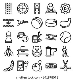 Play icons set. set of 25 play outline icons such as ball, boomerang, baby toy, baby walker, roulette, domino, mp3 player, record player, car music, play in gear, camera tape