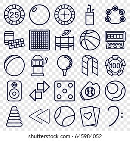 Play icons set. set of 25 play outline icons such as pyramid, roulette, 25 casino chip, 100 casino chip, dice, slot machine, playground ladder, bass clef, play back