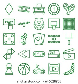 Play icons set. set of 25 play outline icons such as joystick, boomerang, baby toy, baby walker, swing, diamonds, finger pressing play button, 1 casino chip, dice, dvd player